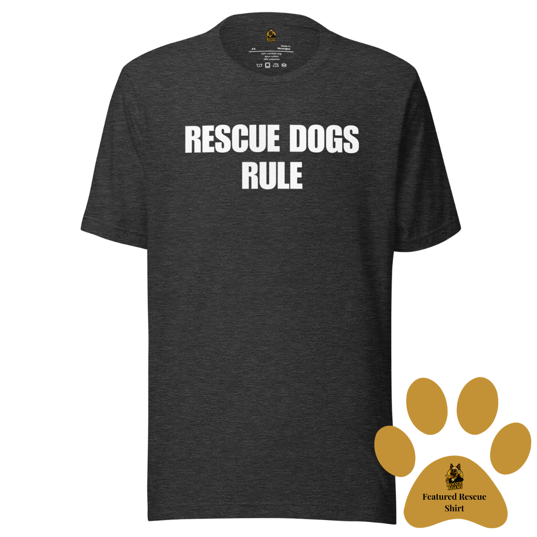 Heather grey unisex t-shirt with 'RESCUE DOGS RULE' text – Boozie Adams