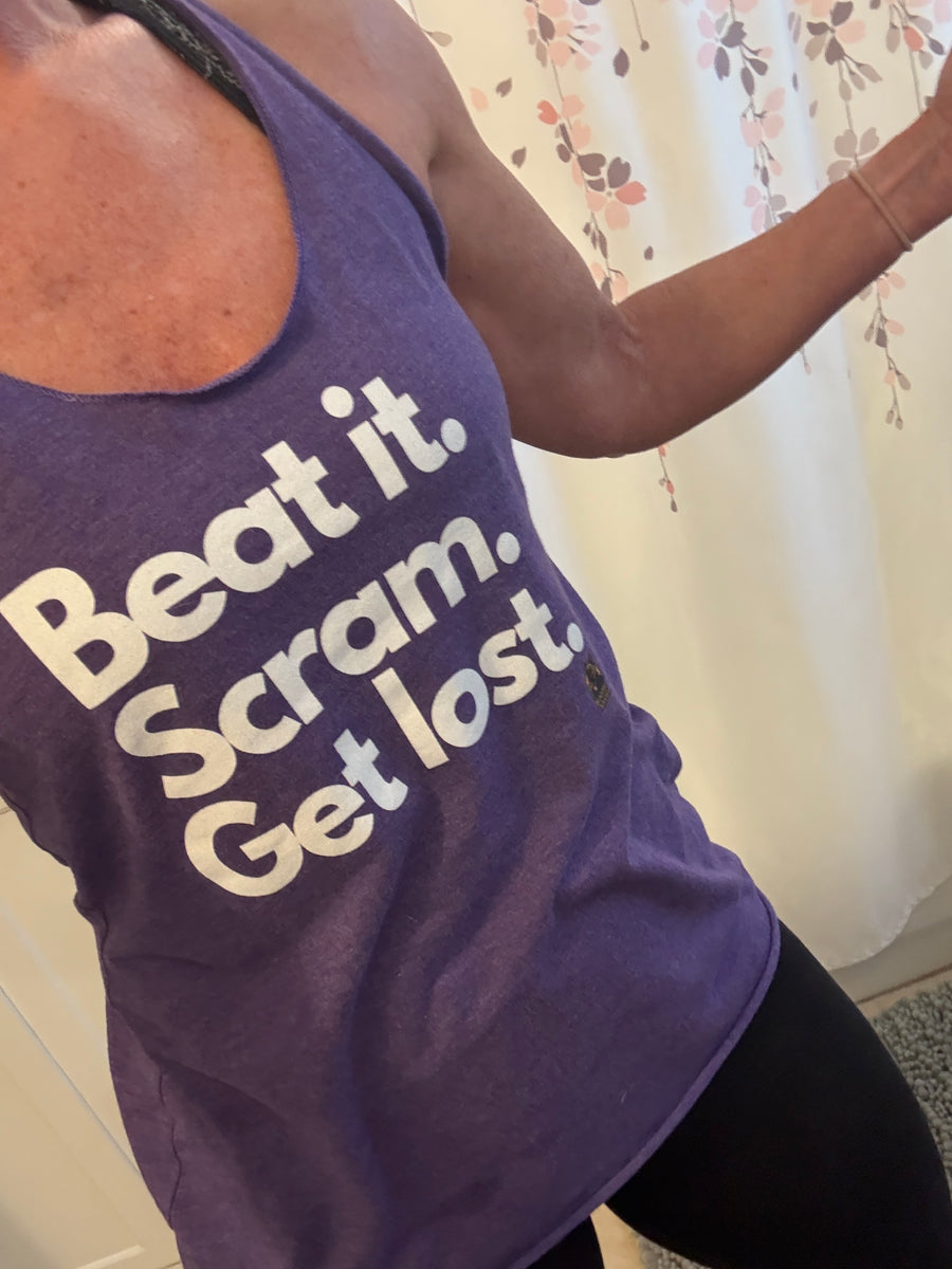 Customer wearing Boozie Adams Beat it. Scram. Get Lost. Tank.