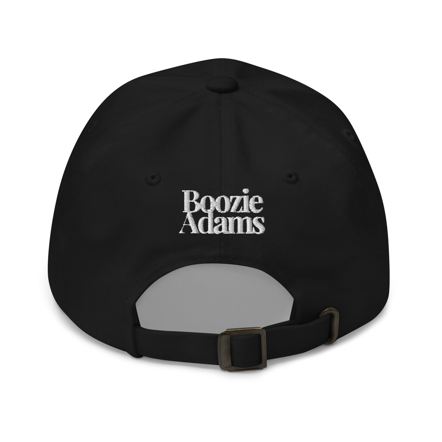 Back of black unisex embroidered dad hat with graphic of ghost doing rock hands – Boozie Adams