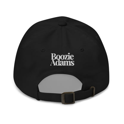 Side view of black embroidered dad hat with graphic of ghost flipping the bird and holding a martini – Boozie Adams