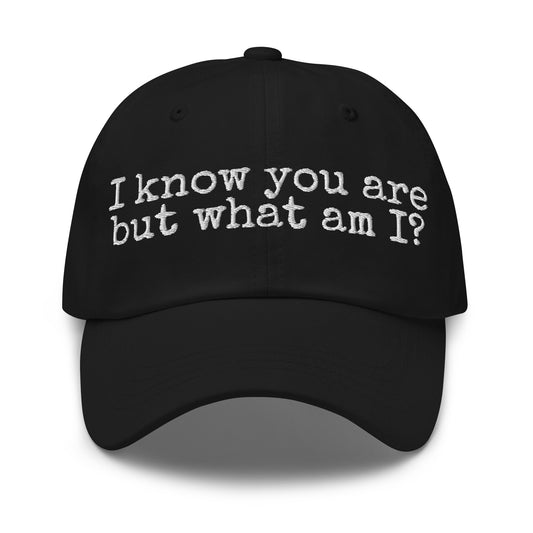 Black unisex cap with white 'I know you are but what am I' text – Boozie Adams