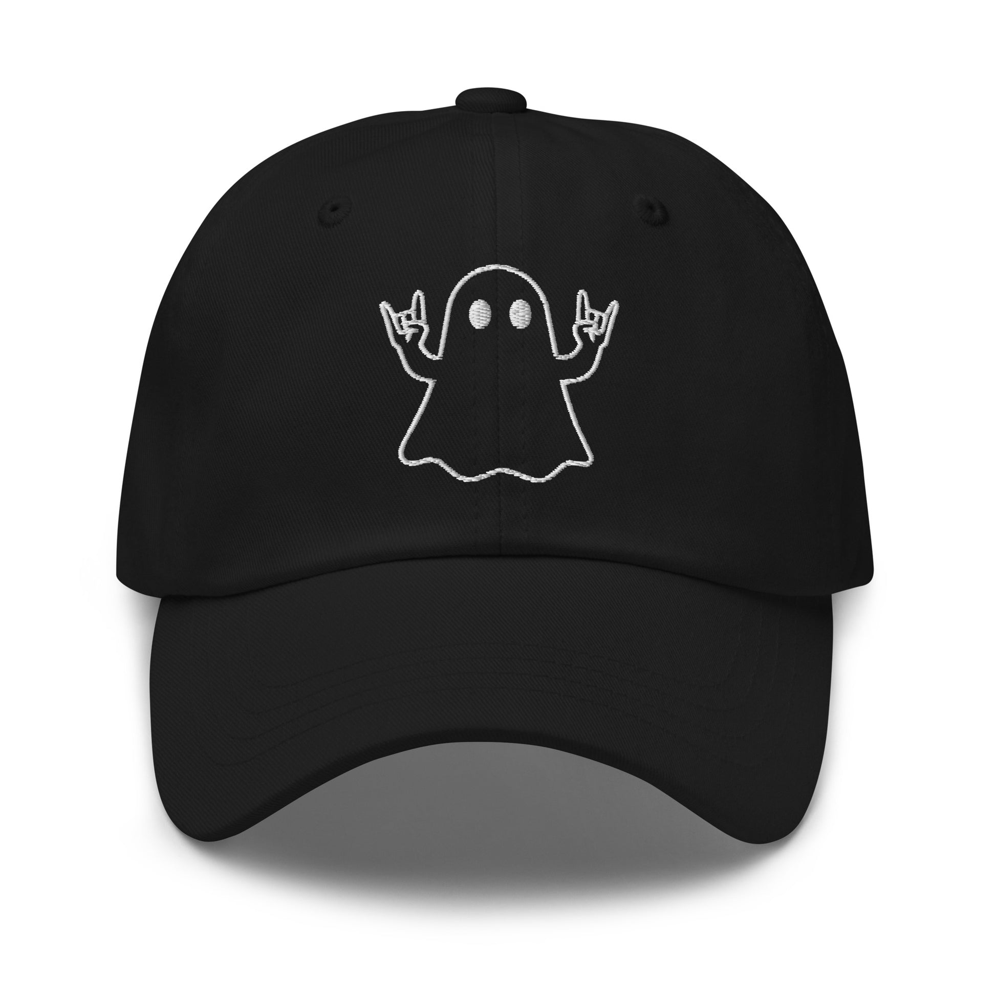 Black unisex embroidered dad hat with graphic of ghost doing rock hands – Boozie Adams
