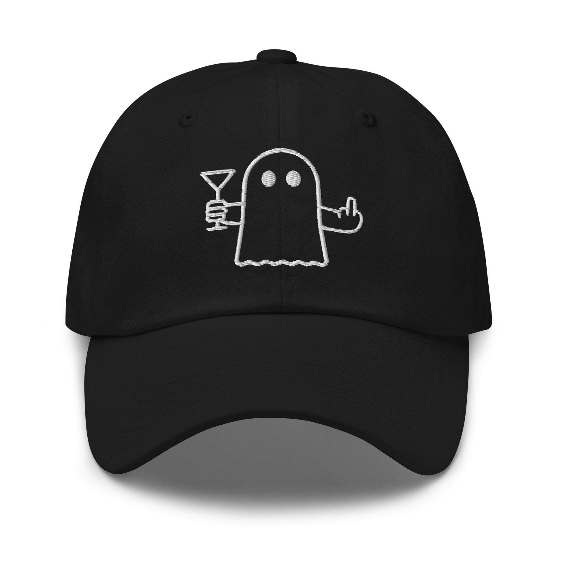 Black embroidered dad hat with graphic of ghost flipping the bird and holding a martini – Boozie Adams