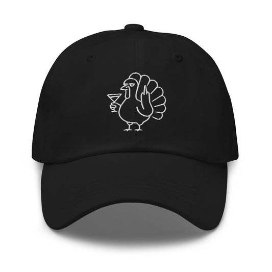 Black unisex embroidered dad hat with an image of a turkey flipping the bird and holding a martini – Boozie Adams