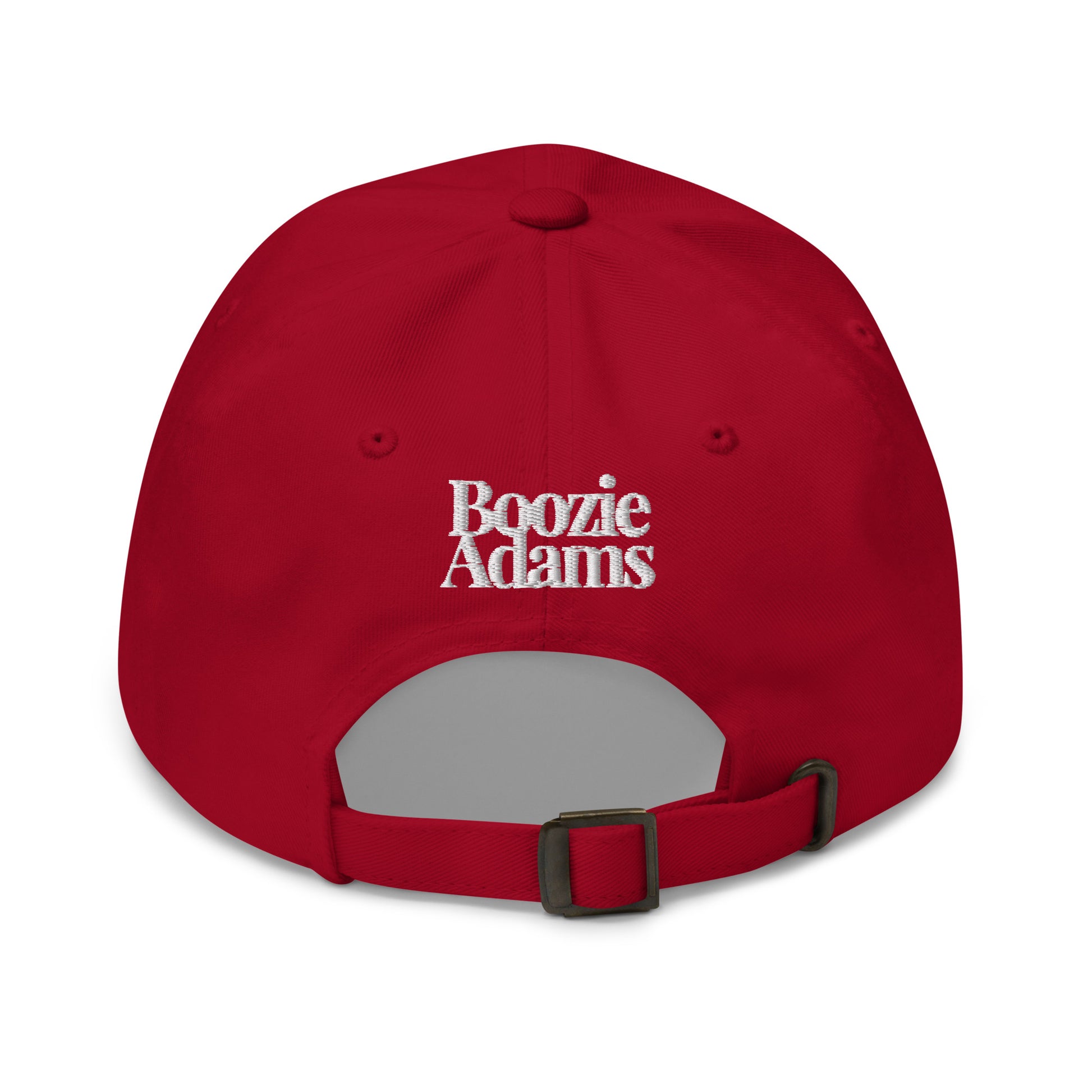 Back of red cap with 'Boozie Adams' text – Boozie Adams