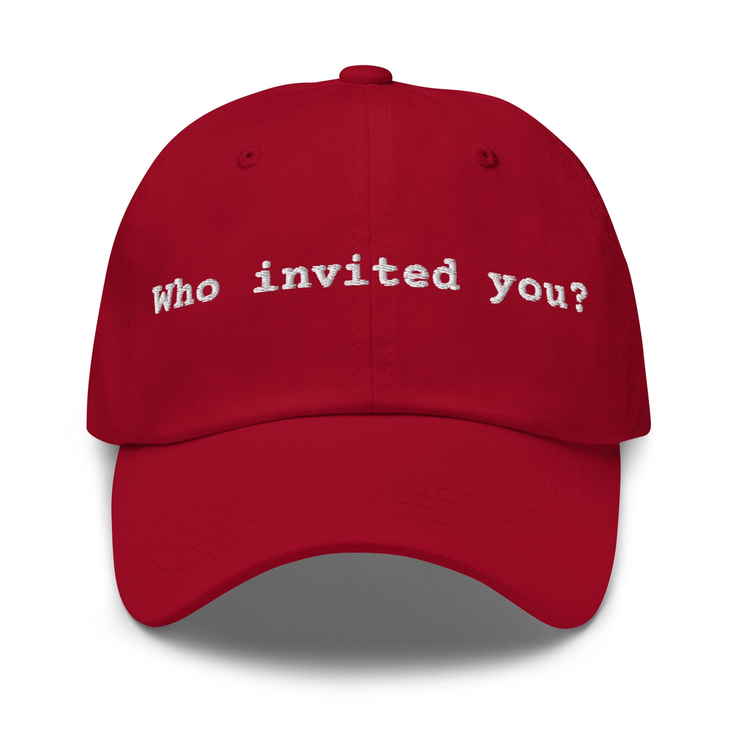 Red cap with 'Who invited you?'  text – Boozie Adams