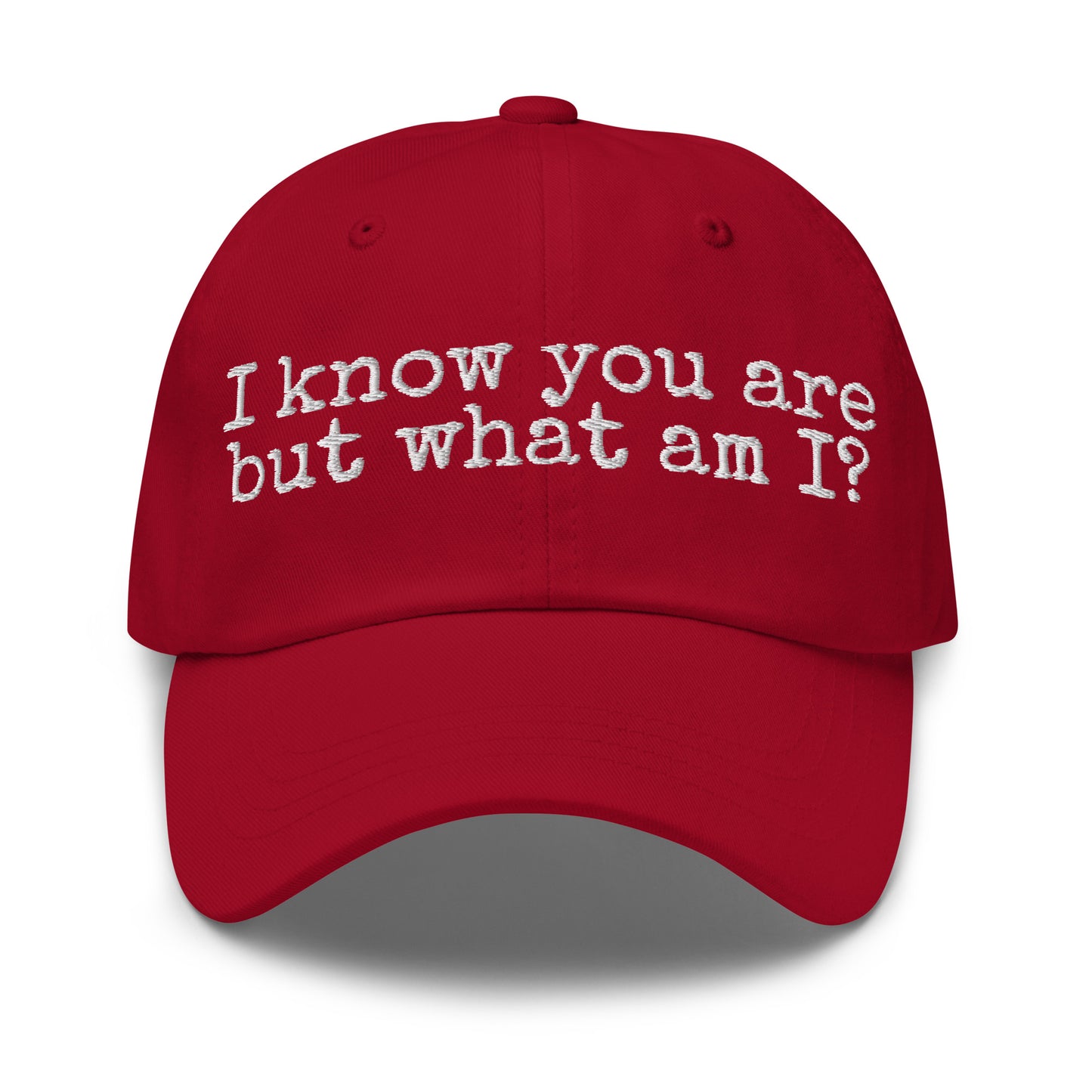 Red unisex cap with white 'I know you are but what am I' text – Boozie Adams
