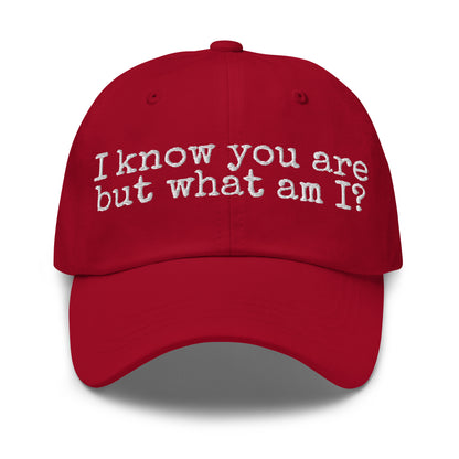 Red unisex cap with white 'I know you are but what am I' text – Boozie Adams