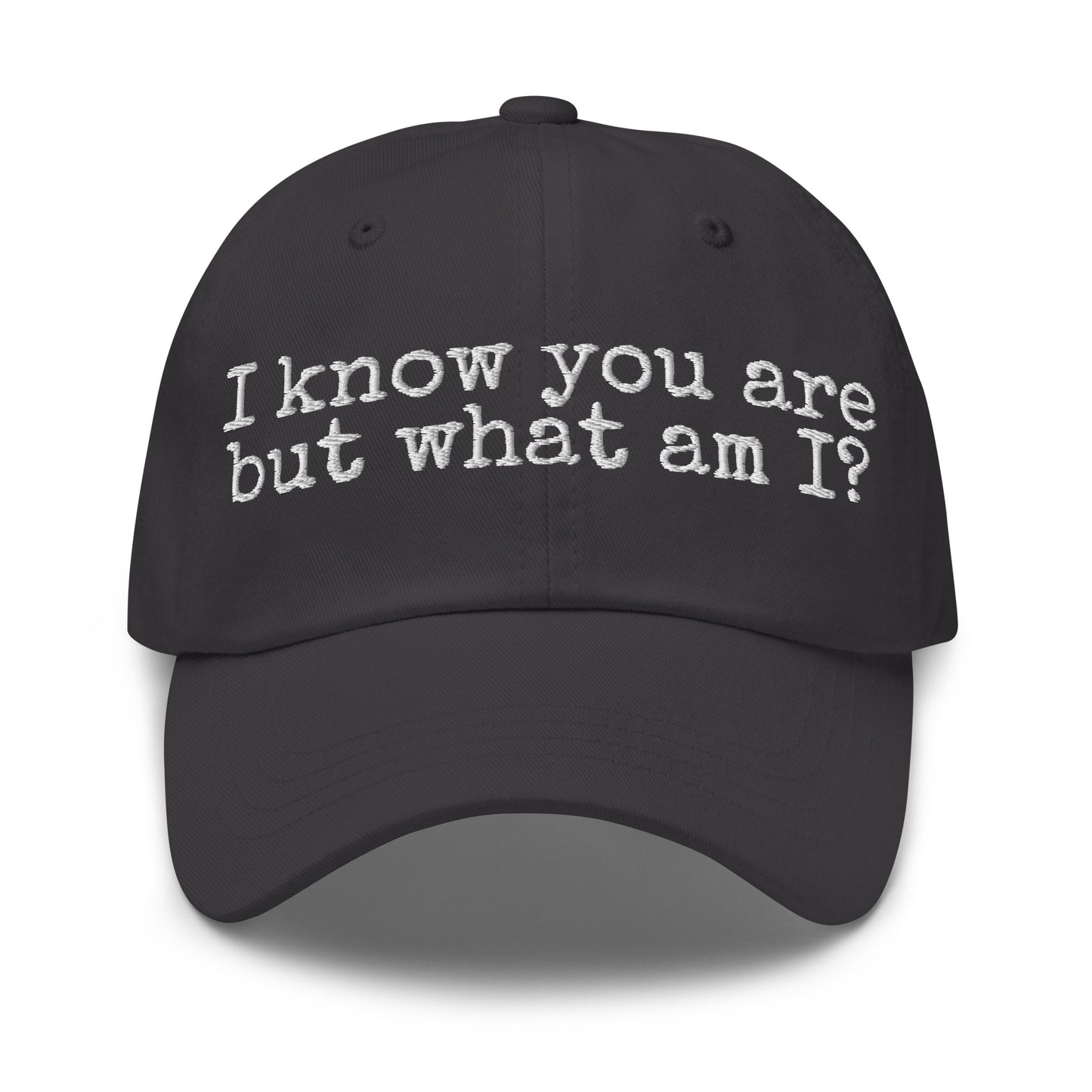 Dark grey unisex cap with white 'I know you are but what am I' text – Boozie Adams