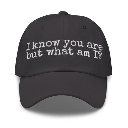 Dark grey unisex cap with white 'I know you are but what am I' text – Boozie Adams