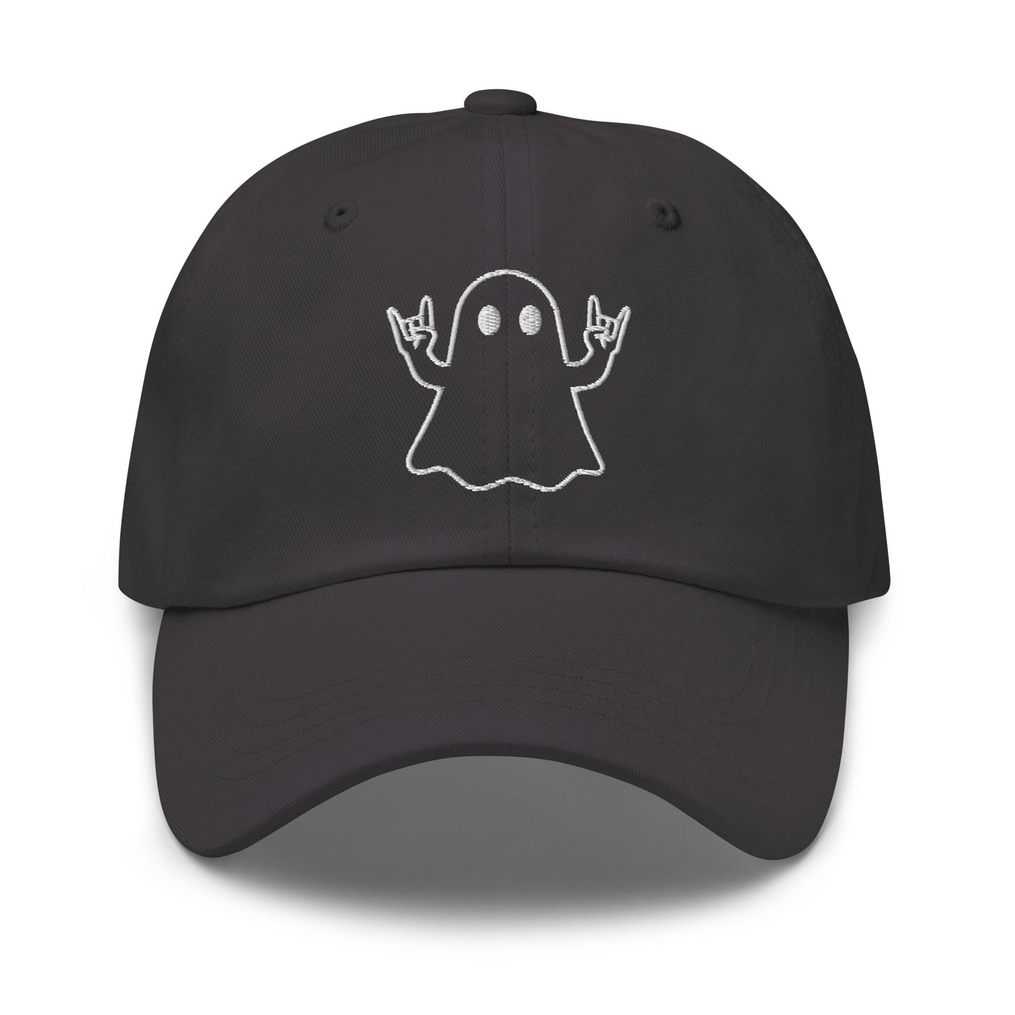 Dark grey unisex embroidered dad hat with graphic of ghost doing rock hands – Boozie Adams