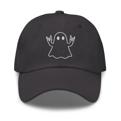 Dark grey unisex embroidered dad hat with graphic of ghost doing rock hands – Boozie Adams