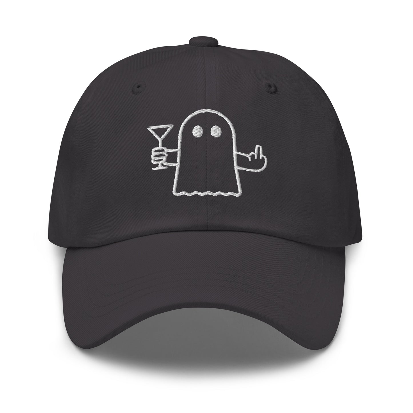 Dark heather grey embroidered dad hat with graphic of ghost flipping the bird and holding a martini – Boozie Adams