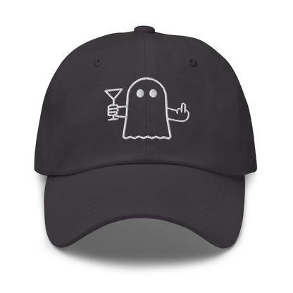 Dark heather grey embroidered dad hat with graphic of ghost flipping the bird and holding a martini – Boozie Adams