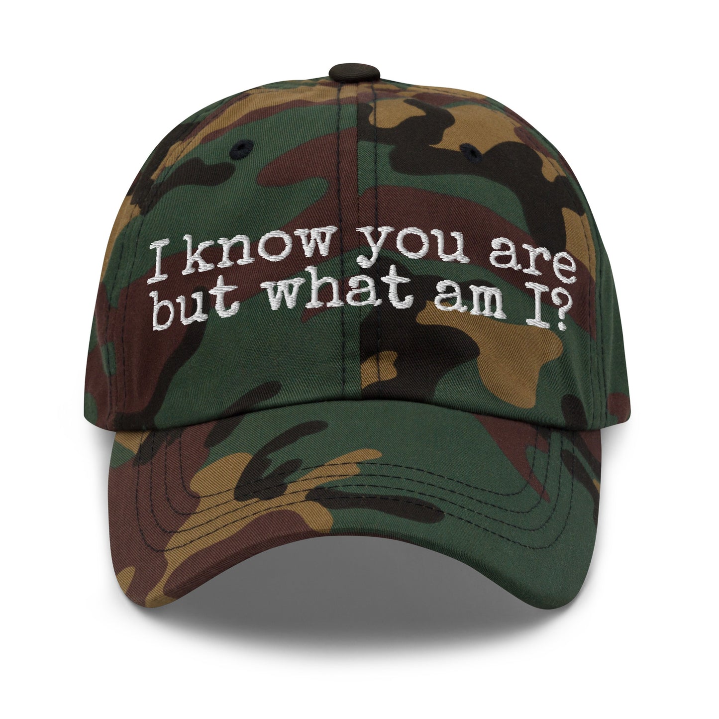 Camo unisex cap with white 'I know you are but what am I' text – Boozie Adams
