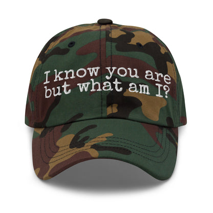 Camo unisex cap with white 'I know you are but what am I' text – Boozie Adams