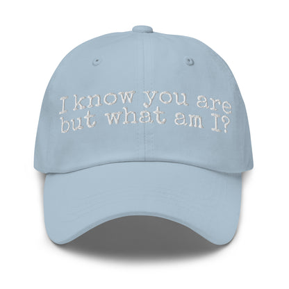 Light blue unisex cap with white 'I know you are but what am I' text – Boozie Adams