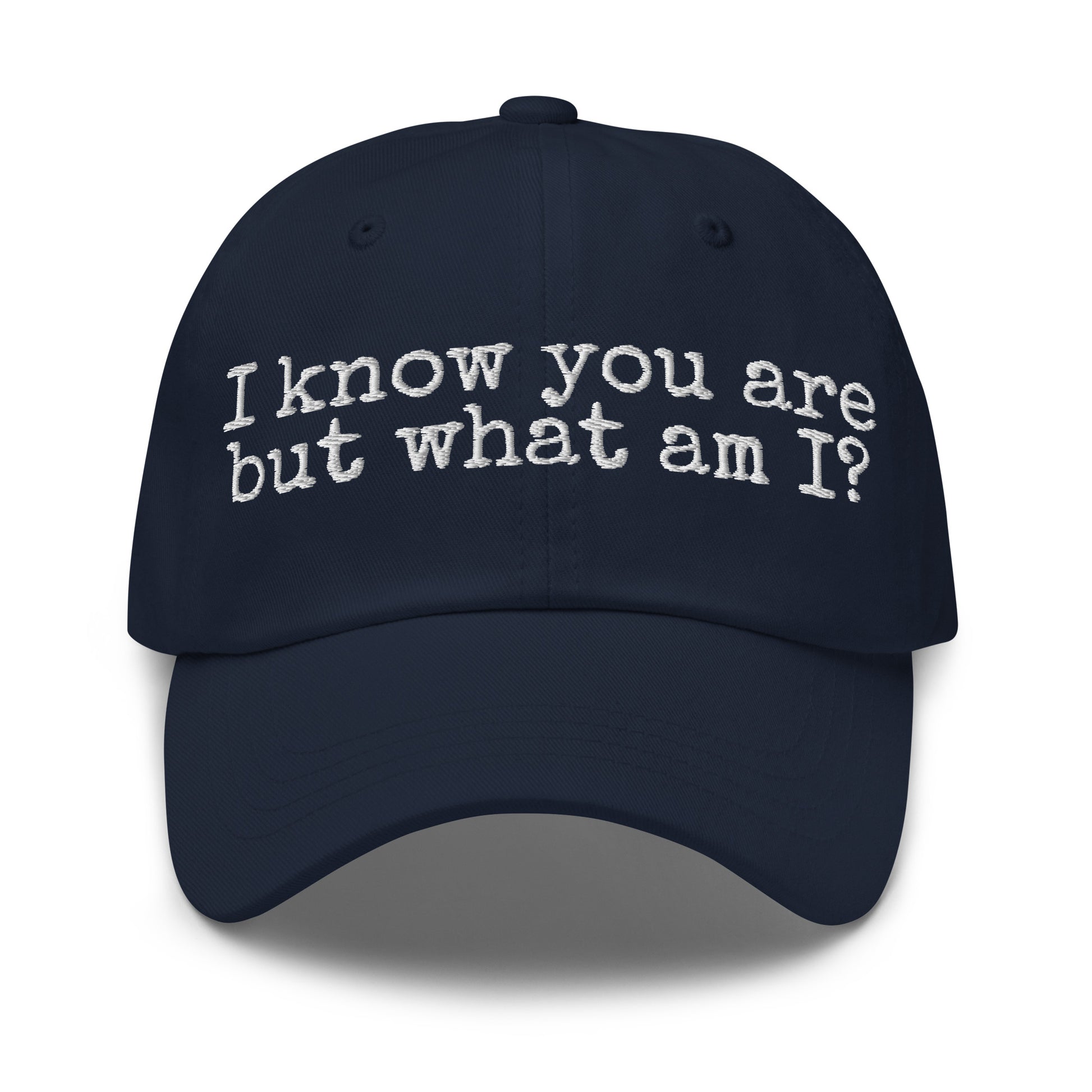 Navy blue unisex cap with white 'I know you are but what am I' text – Boozie Adams