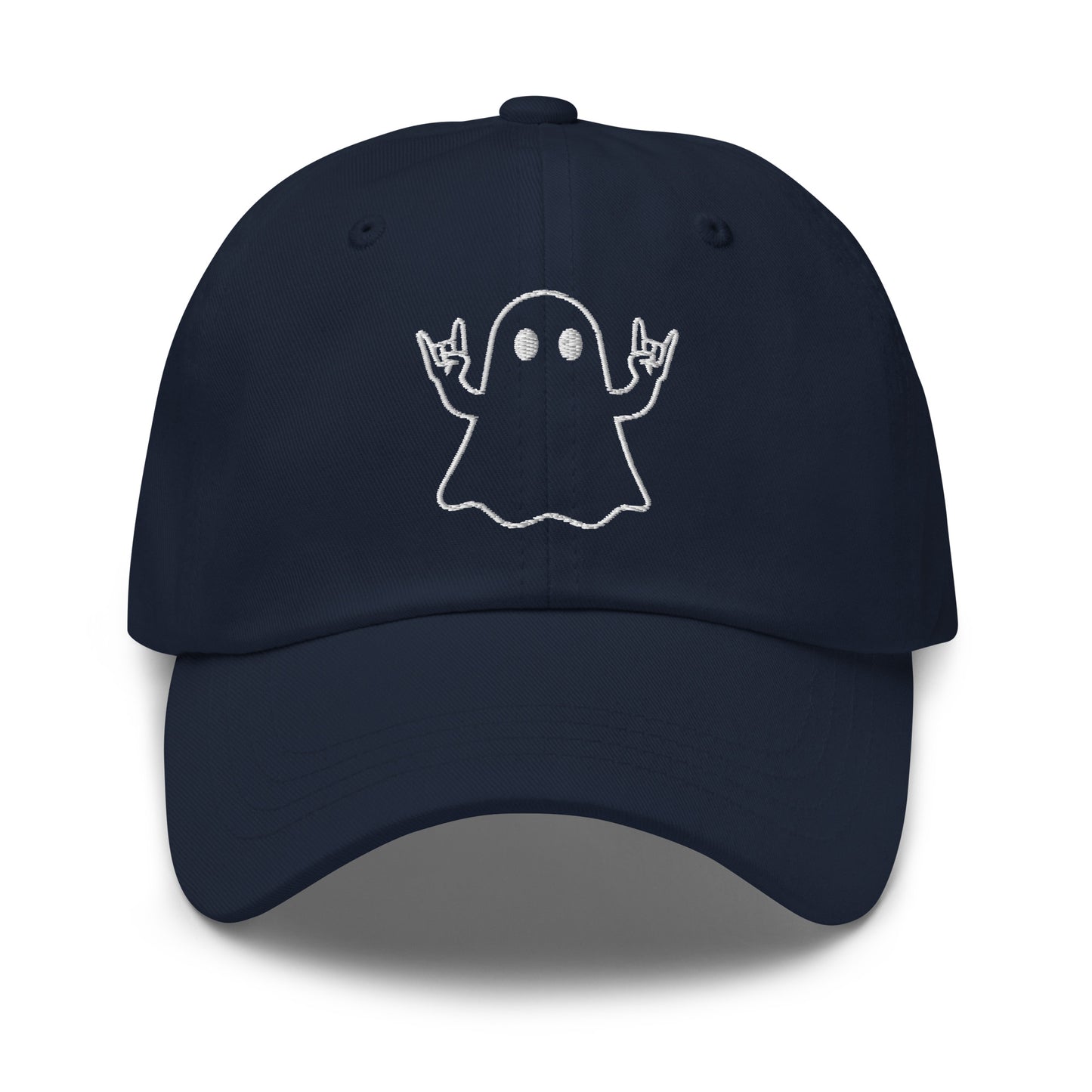 Navy unisex embroidered dad hat with graphic of ghost doing rock hands – Boozie Adams