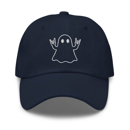 Navy unisex embroidered dad hat with graphic of ghost doing rock hands – Boozie Adams