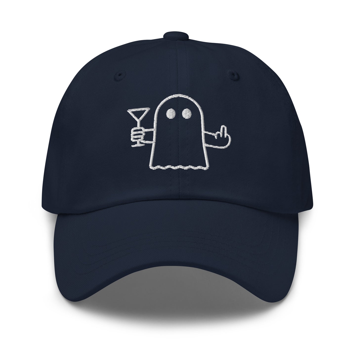 Navy embroidered dad hat with graphic of ghost flipping the bird and holding a martini – Boozie Adams