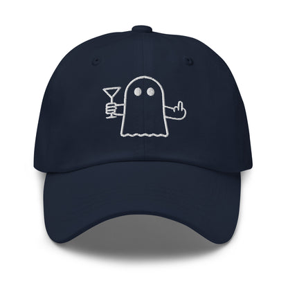 Navy embroidered dad hat with graphic of ghost flipping the bird and holding a martini – Boozie Adams