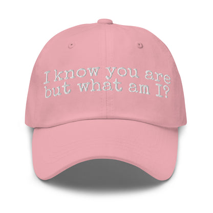 Pink unisex cap with white 'I know you are but what am I' text – Boozie Adams