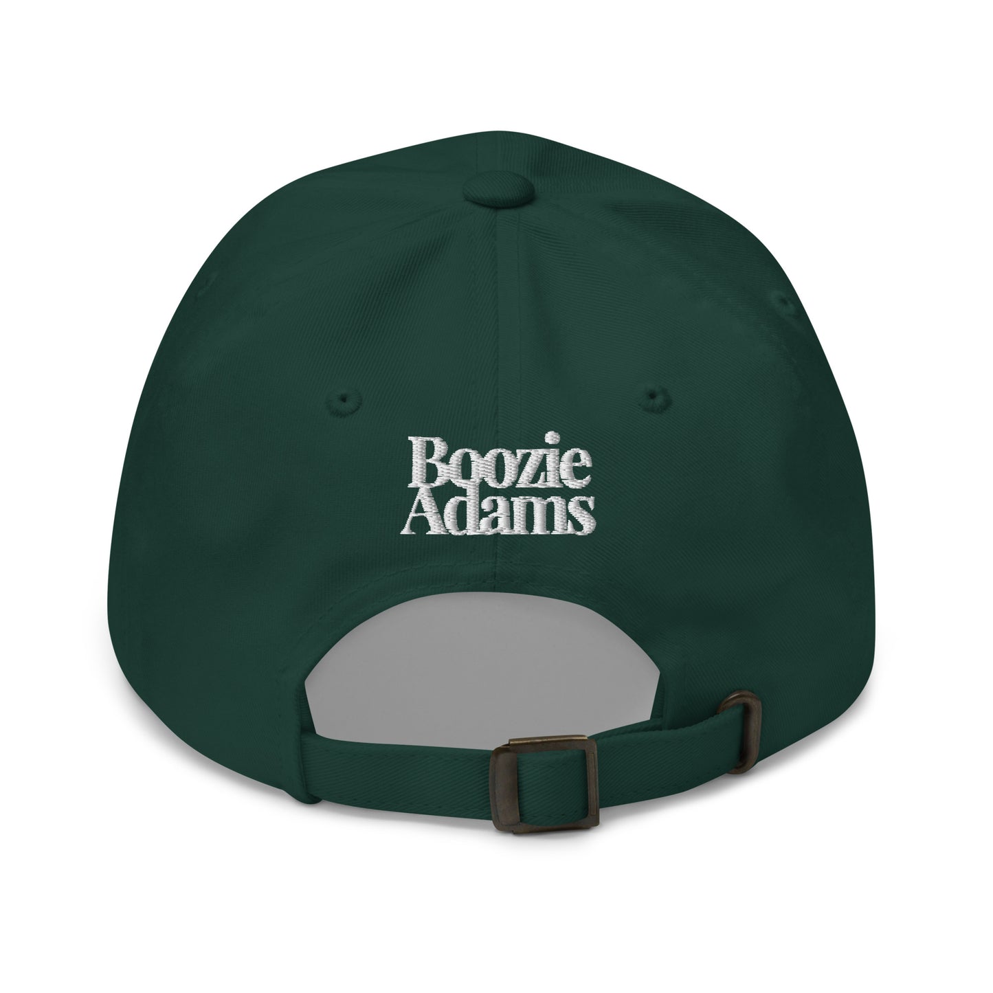 Back of green cap with 'Boozie Adams' text