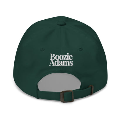Back of green cap with 'Boozie Adams' text