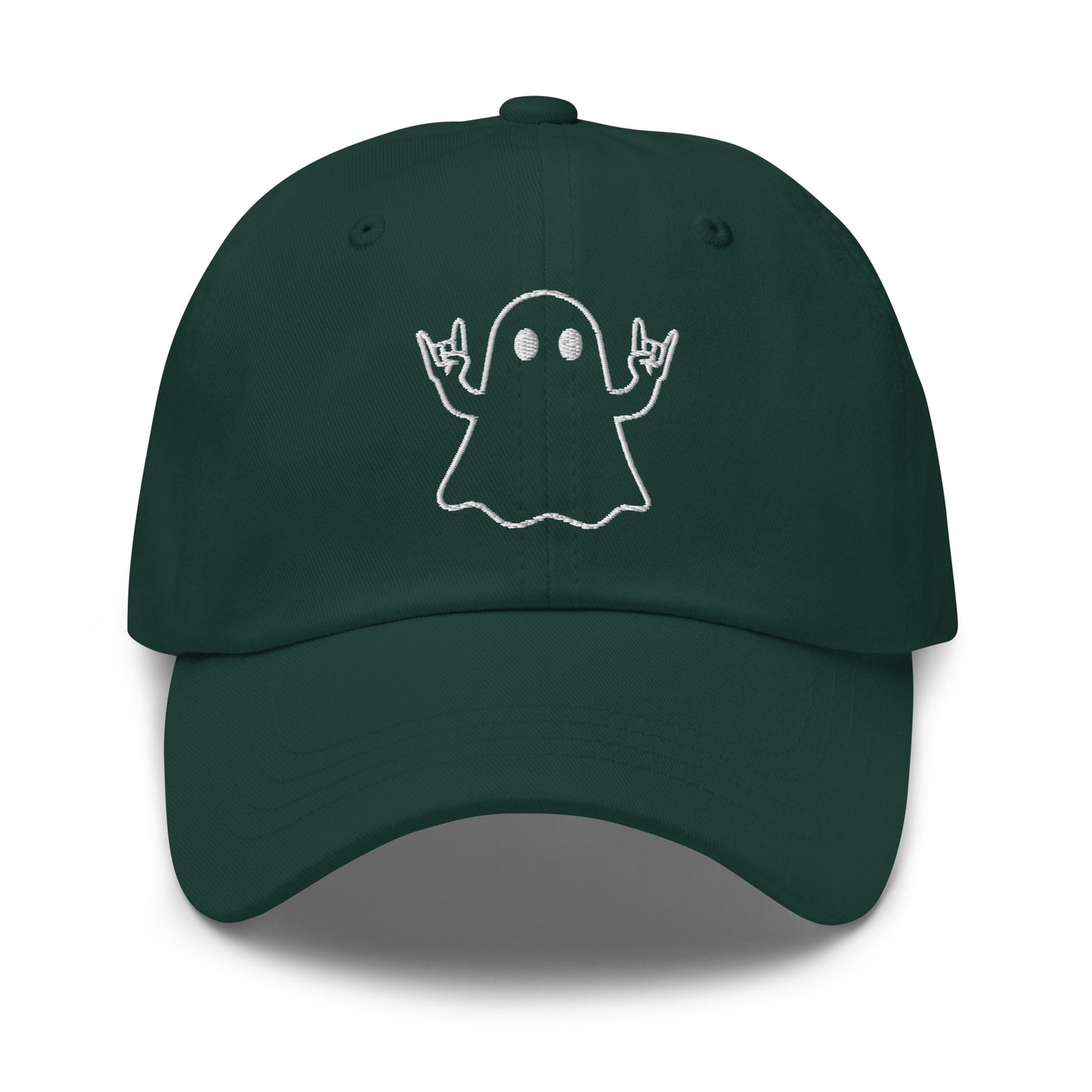 Green unisex embroidered dad hat with graphic of ghost doing rock hands – Boozie Adams