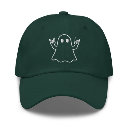 Green unisex embroidered dad hat with graphic of ghost doing rock hands – Boozie Adams