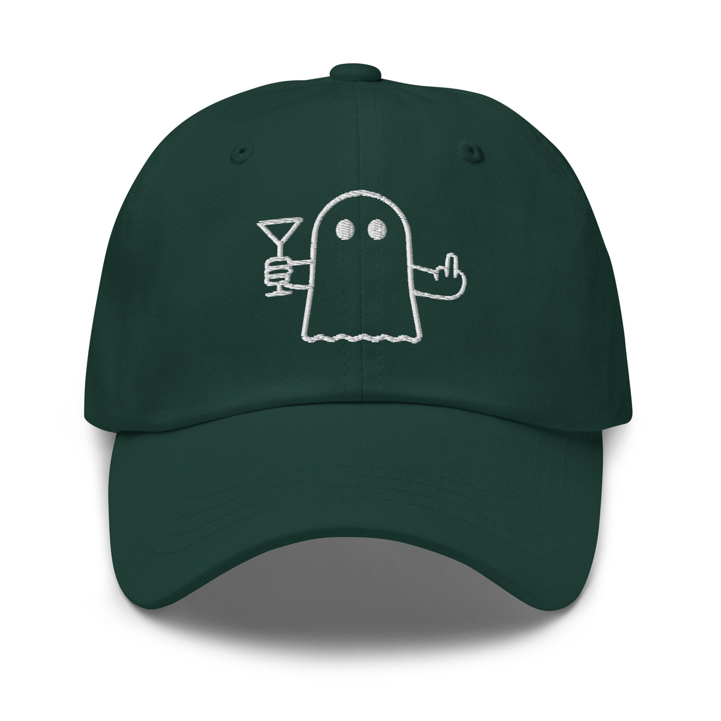 Green embroidered dad hat with graphic of ghost flipping the bird and holding a martini – Boozie Adams
