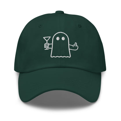 Green embroidered dad hat with graphic of ghost flipping the bird and holding a martini – Boozie Adams