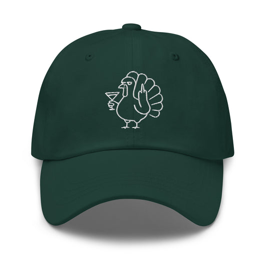 Green unisex embroidered dad hat with an image of a turkey flipping the bird and holding a martini – Boozie Adams