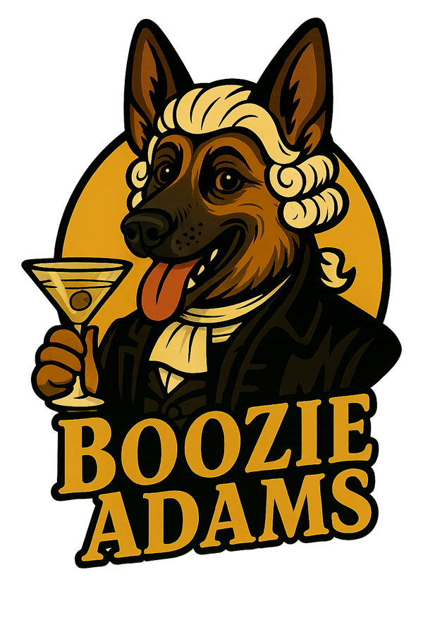 Boozie Adams logo featuring a martini-sipping German Shepherd in a powdered wig