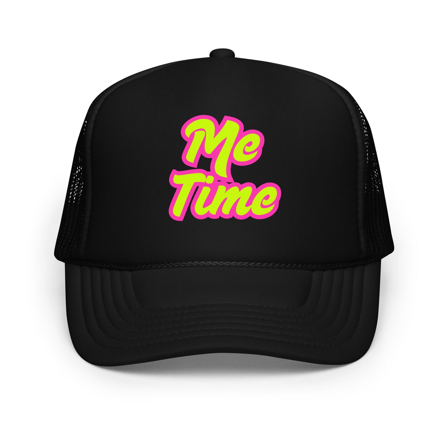 Black unisex trucker hat with 'Me Time' text in pink – Boozie Adams