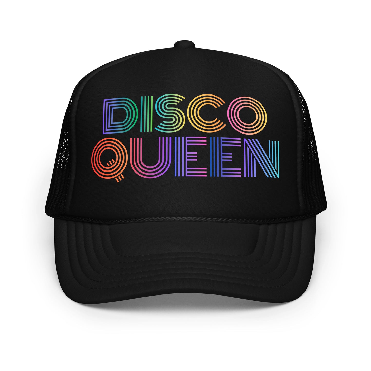 Black unisex trucker hat with 'DISCO QUEEN' in colorful letters – Boozie Adams