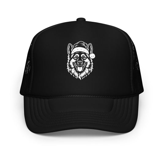 Black unisex foam trucker hat with graphic of dog in santa hat – Boozie Adams