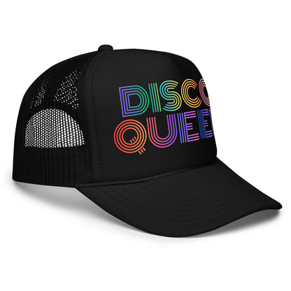 Side view of black unisex trucker hat with 'DISCO QUEEN' in colorful letters – Boozie Adams