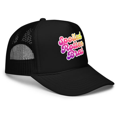 Side view of black trucker hat with colorful text 'Spoiled Rotten Brat' – Boozie Adams