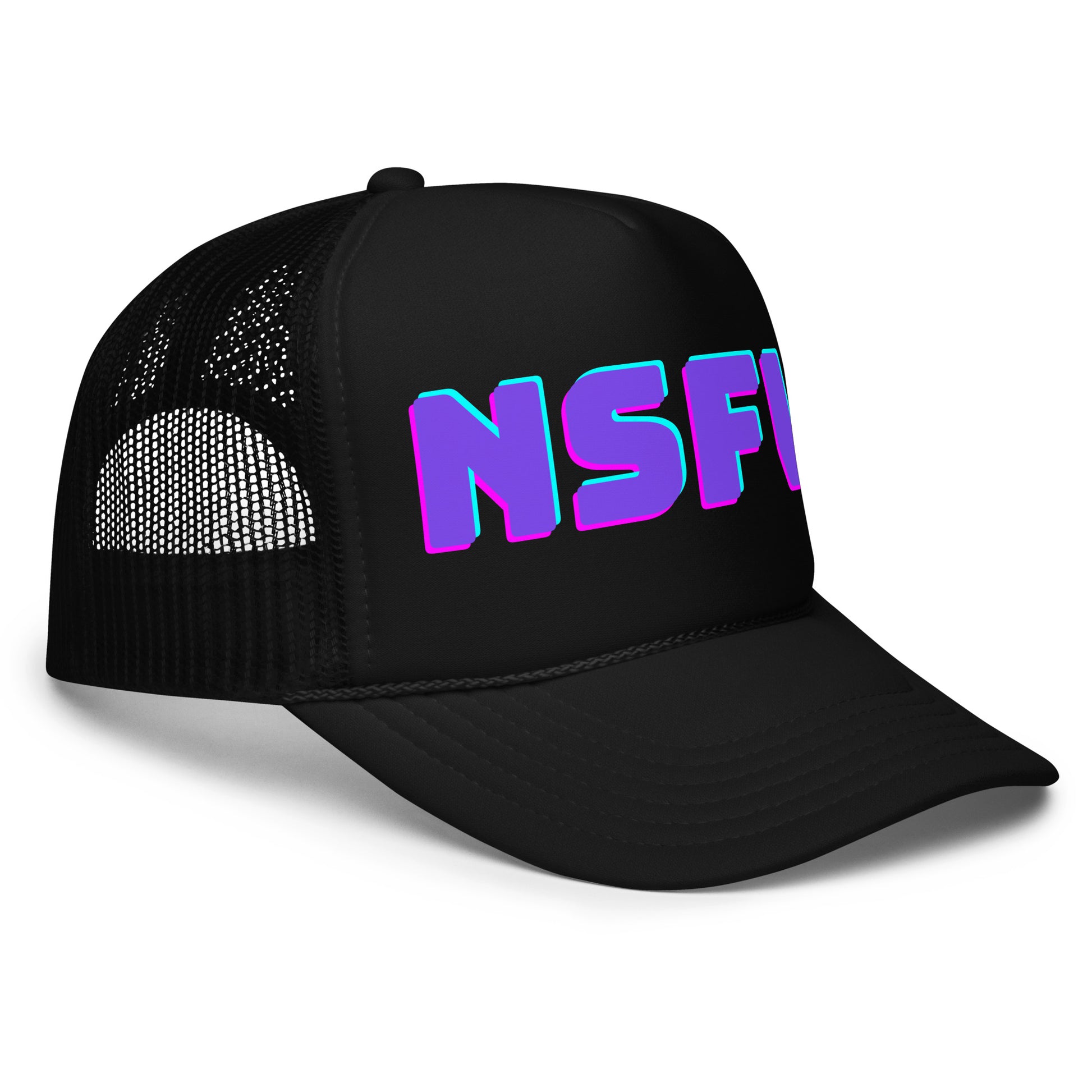 Side view of black unisex trucker hat with 'NSFW' in purple and blue – Boozie Adams 