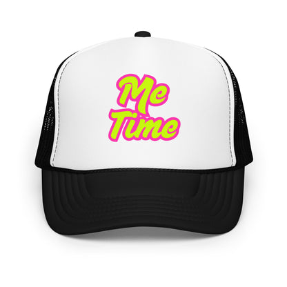 Black and white unisex trucker hat with 'Me Time' text in pink – Boozie Adams