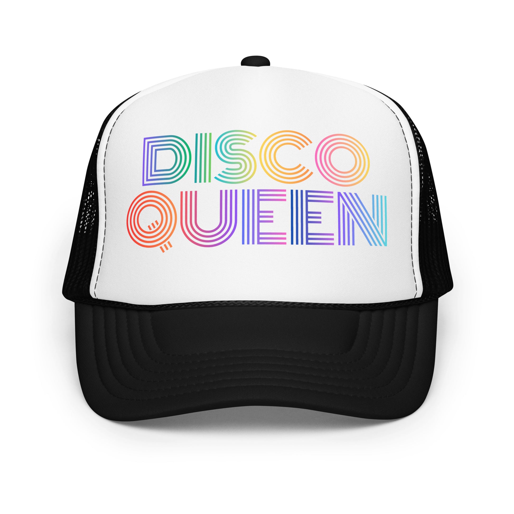 Black and white unisex trucker hat with 'DISCO QUEEN' in colorful letters – Boozie Adams