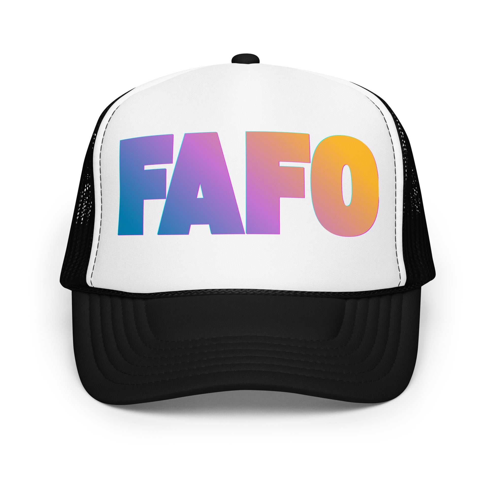 Black and white unisex trucker hat with 'FAFO' in colorful letters – Boozie Adams