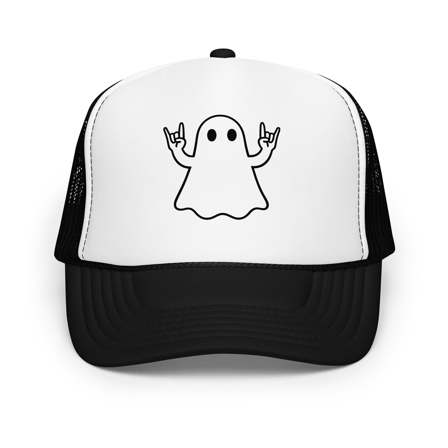 Black and white foam trucker hat with black graphic of ghost giving rock hands – Boozie Adams