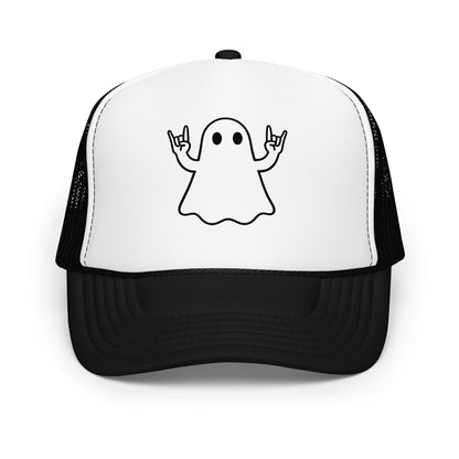 Black and white foam trucker hat with black graphic of ghost giving rock hands – Boozie Adams
