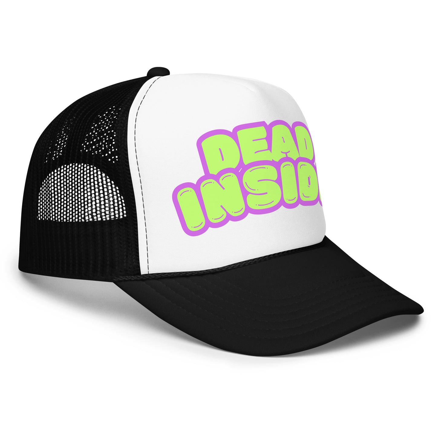 Side view of black and white foam trucker hat with purple and green text 'Dead Inside' – Boozie Adams