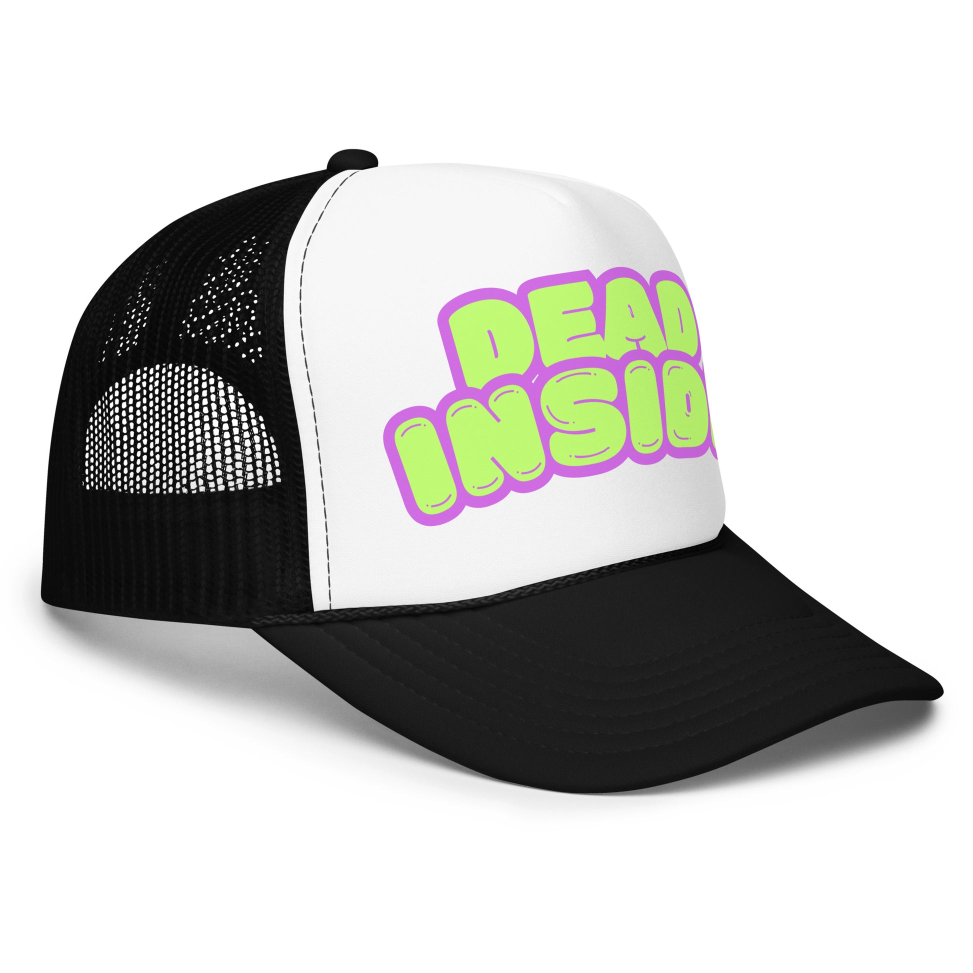 Side view of black and white foam trucker hat with purple and green text 'Dead Inside' – Boozie Adams