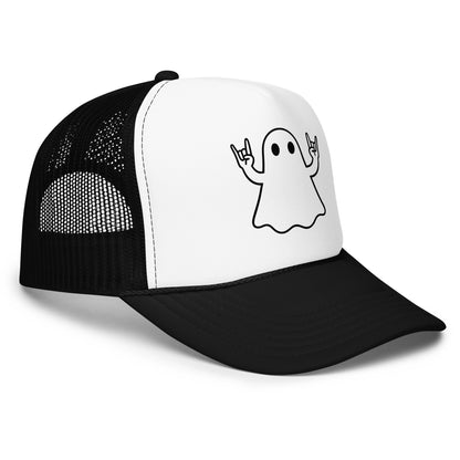 Side view of Black and white foam trucker hat with black graphic of ghost giving rock hands – Boozie Adams