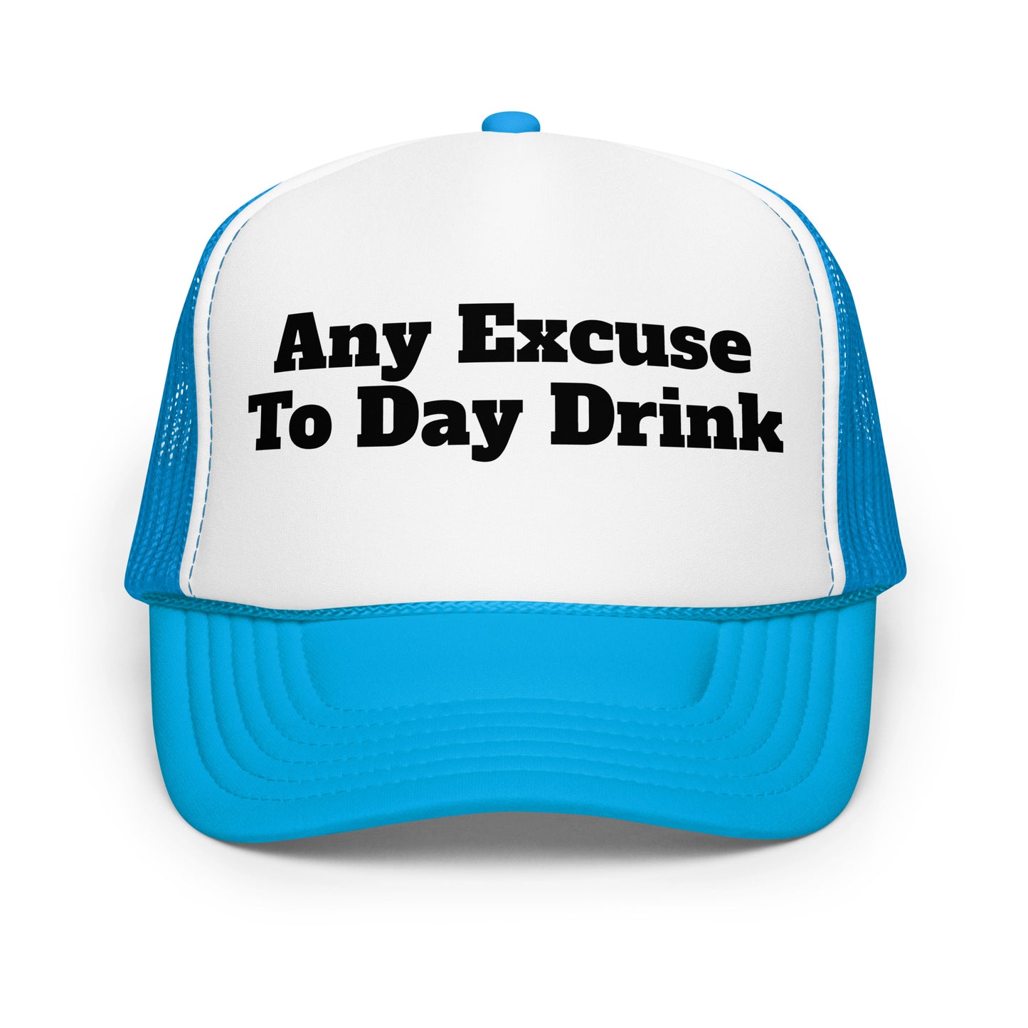 Blue and white trucker hat with 'Any Excuse To Day Drink' text – Boozie Adams